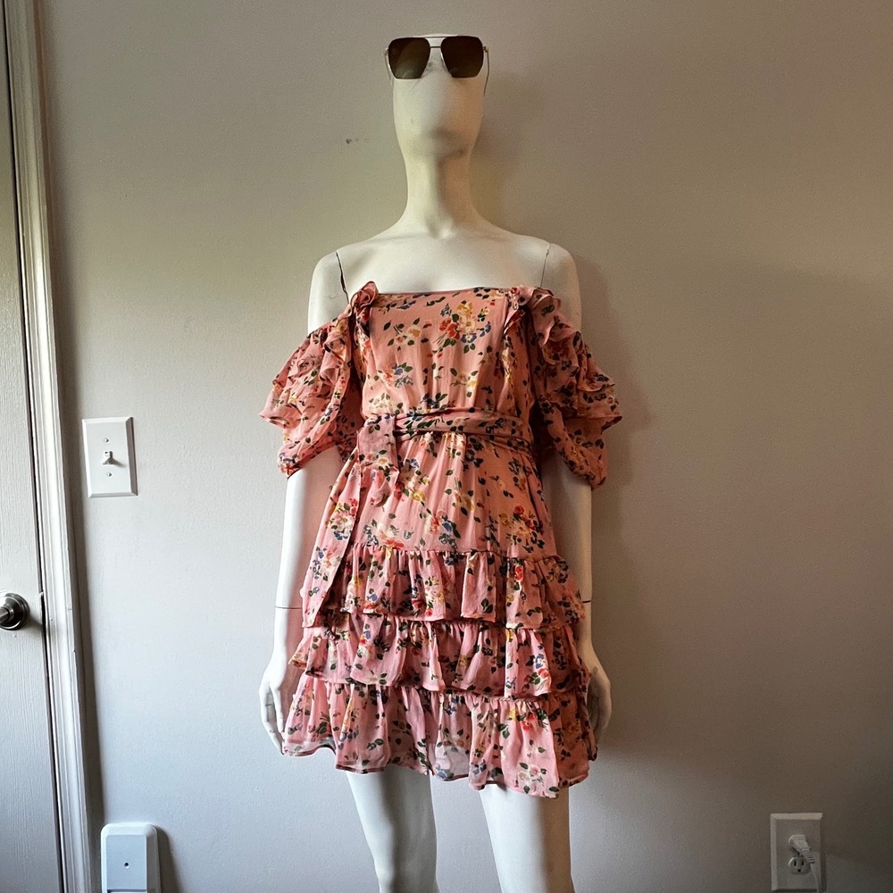 LoveShackFancy 100% Silk Floral Ruffle Mini Dress Pink Coquette Cottage Boho 4